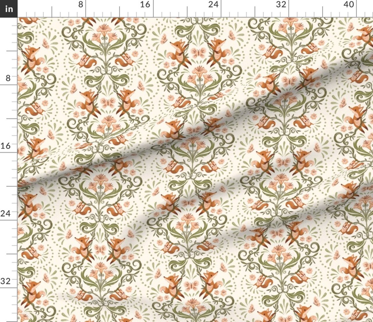 Whimsical Fox Squirrel Botanical Nature Garden Cream Green Pink Sweet Cute Custom Printed Fabric by Spoonflower Various Fabrics by the Yard or Fat Quarter
